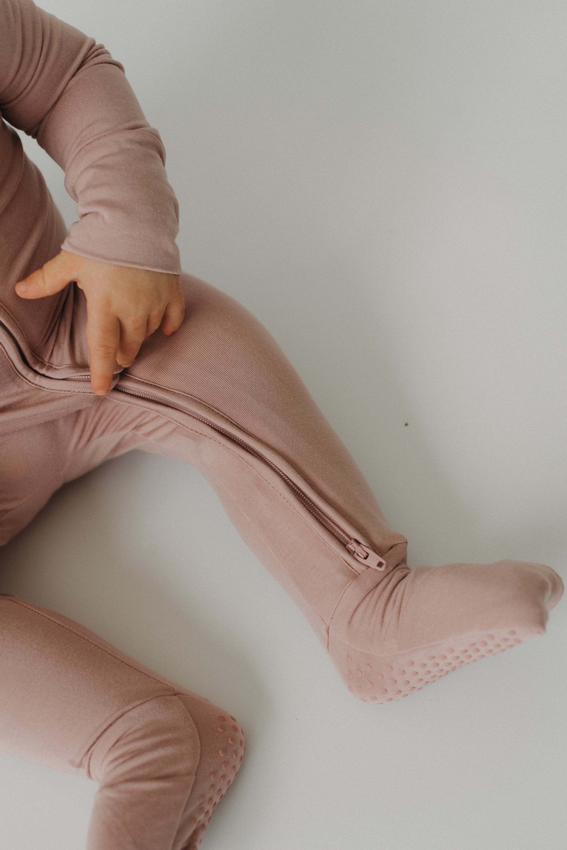 LURE by Lina — Essentials baby girl- bamboo sleepwear in Lilac — neutral pastel with convertible hands & feet, and non-slip covered feet - double zipper