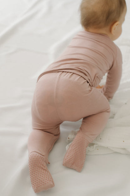 LURE by Lina — Essentials in Lilac — baby zip bamboo pajamas with Diaper Peek-a-Boo, convertible hands & feet, and non-slip soles