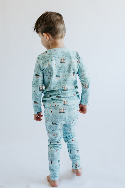 Merry Little Street holiday PJ set by LURE — soft, breathable two-piece in aqua