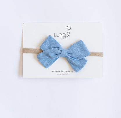 LURE by Lina Organic Cotton Bow in baby Blue — breathable cotton knit baby headband with soft nylon stretch band