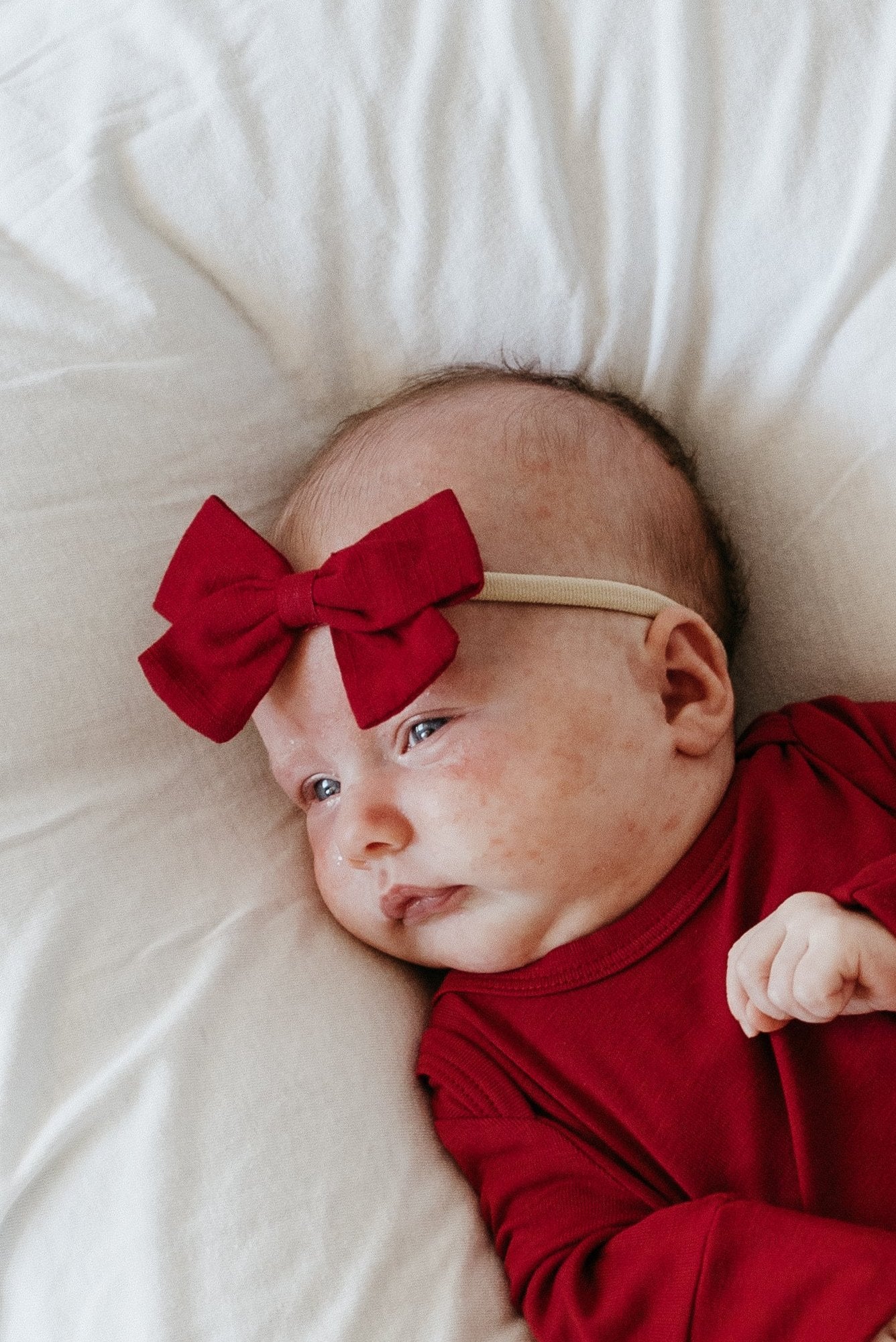 LURE by Lina Organic Cotton Bow in Velvet — cozy baby red bow headband with gentle nylon band and organic cotton fabric
