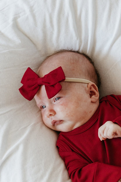 LURE by Lina Organic Cotton Bow in Velvet — cozy baby red bow headband with gentle nylon band and organic cotton fabric