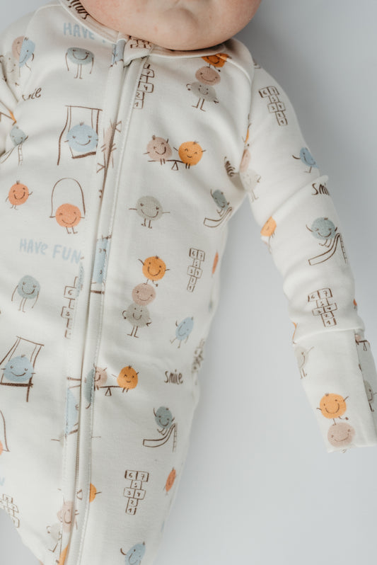 Play Time cotton baby sleeper with Diaper Peek-a-Boo opening and convertible feet — soft, breathable, eco-friendly baby pajamas by LURE by Lina